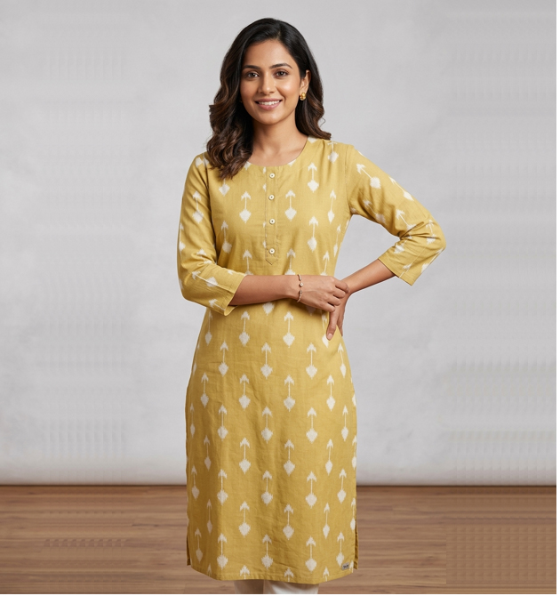 Luxora Mustard Ikat-Print Straight Kurti (L)