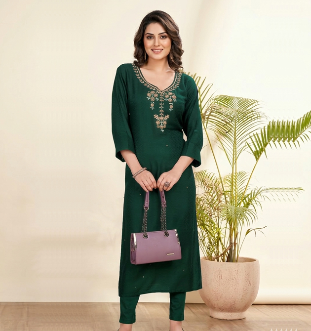 Luxora Green Embroidered Silk Kurti (XXL)
