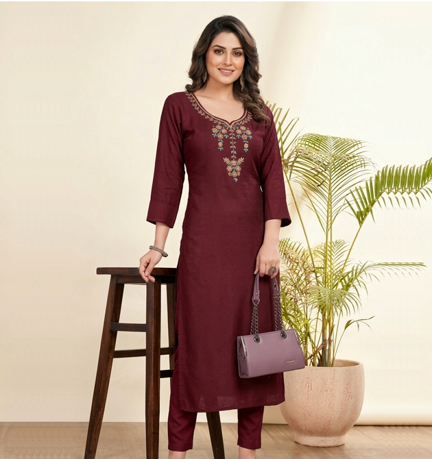 Luxora Deep Wine Embroidered Kurti (XXL)