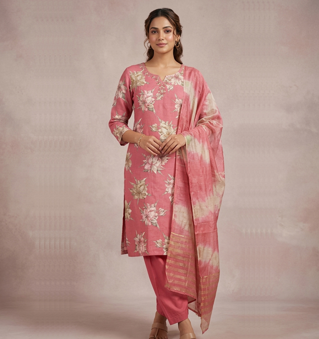 Luxora Dusty Rose Floral Silk Suit Set (M)