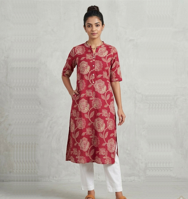 Luxora Crimson Floral Mandarain Straight Kurti (XL)