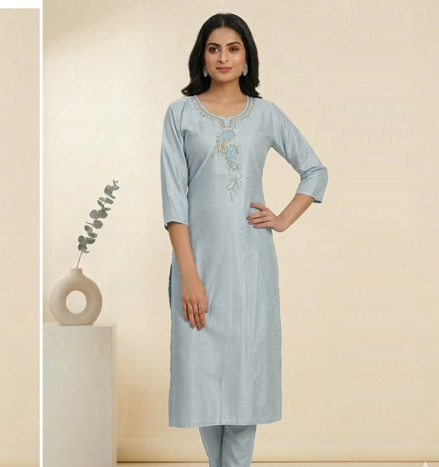 Luxora Ice Blue Embroidered Silk Kurti (L)