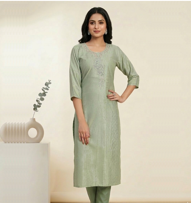 Luxora Pastel Mint Embroidered Silk Kurti (XXL)