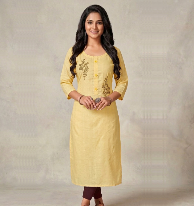 Luxora Primrose Yellow Embroidered Straight Kurti (XXL)